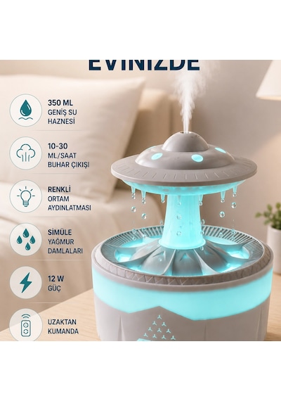 Dekoratif Ufo Hava Nemlendirici Simüle Yağmur Damlalı Renkli Gece Işıklı 350 Ml