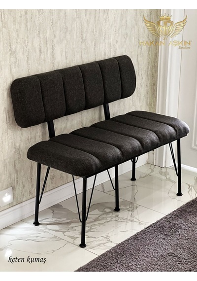 By Hakan Aşkın Siyah Metal Ayaklı Metal Alt Kasalı Keten Antrasit New Sırtlı Bench Bank Antrasit Keten
