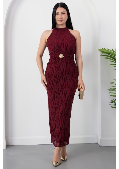 Kalopya Halter Yaka Beli Tokalı Bağlamalı Elbise Grs4023 Bordo