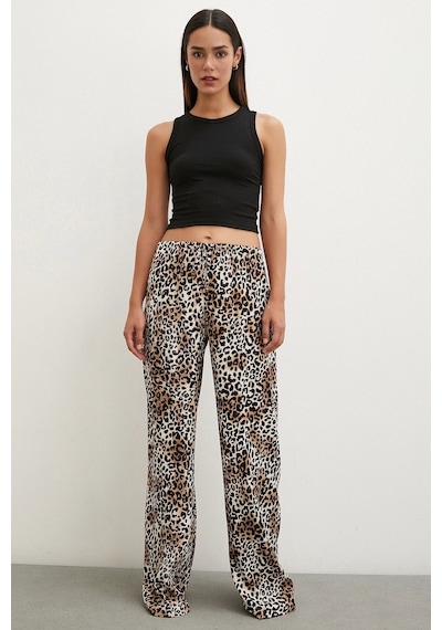 Never More Leopar Saten Pantolon Siyah