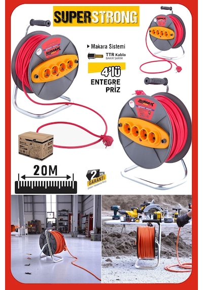 Stilmax Stl2025 Atölye Ve Ev Tipi Makaralı Uzatma Kablosu 20mt 3x2.5 Mm² Dörtlü Seyyar Uzatma 20 M