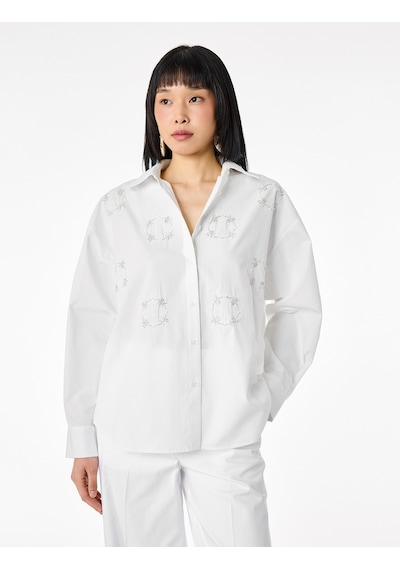 Koton Pamuklu Uzun Kollu Boncuk Nakış Detaylı Poplin Oversize Gömlek Beyaz 6sak60188ew