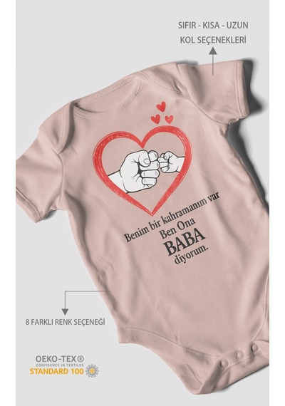 Benim Bir Kahramanım Varc Ben Ona Baba Diyorum Baskılı Bebek Zıbını Çıtçıtlı Body Kısa Kol Pastel Pembe