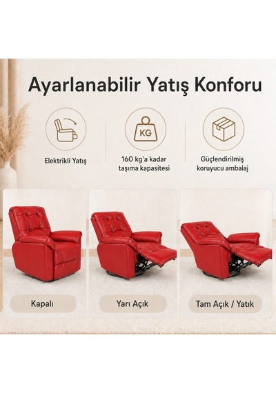 Smarto Relax Basel Elektrikli Masajlı Döner Sallanan Tv Koltuğu Kontrol Panelli Ergonomik Gerçek Deri Baba Koltuğu Kırmızı