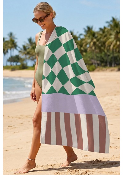 Geometrik Desenli Retro Çizgili Plaj Havlusu - Bohem Renk Bloklu Hızlı Kuruyan Mikrofiber Havlu Ayaz Rüyası