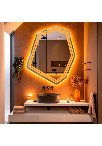 Domira Amber Led'li Lazer Kumlamalı Lavabo & Banyo Aynası Dokunmatik Sensörlü 90 X 76 Turuncu