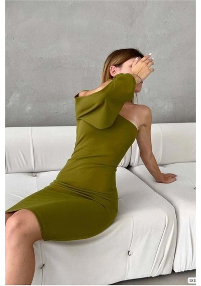 Lior Design Kadın Şık Model Krep Kumaş Tek Omuz Abiye Elbise Yeşil