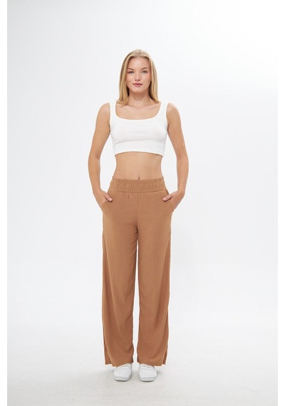 Thiff Gymwear Siyah Beli Lastikli Bol Paça Çift Cepli Yüksek Bel Bürümcük Örme Kadın Pantolon Camel