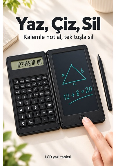 Katlanabilir Bilimsel Hesap Makinesi Silinebilir Lcd Yazı Tabletli Siyah