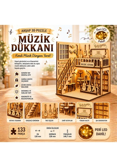 Müzik Dükkanı Ahşap Maket Seti Dıy Miniatür Müzik Mağazası Peri Led'li 3d Puzzle