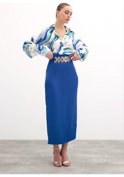 Sateen Gold Aksesuarlı Uzun Etek - Saks Mavi-135888 Saks Mavi