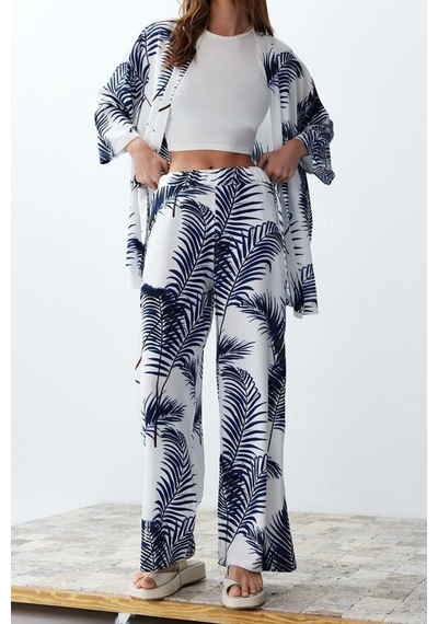 Ersefa Moda Dokuma Baskılı Degaje Yaka Casual Günlük Siyah Desenli Kimon Indigo
