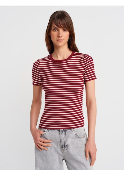 Dilvin 10758 Bisiklet Yaka Çizgili Basic Triko Bluz-bordo-ekru Bordo-ekru