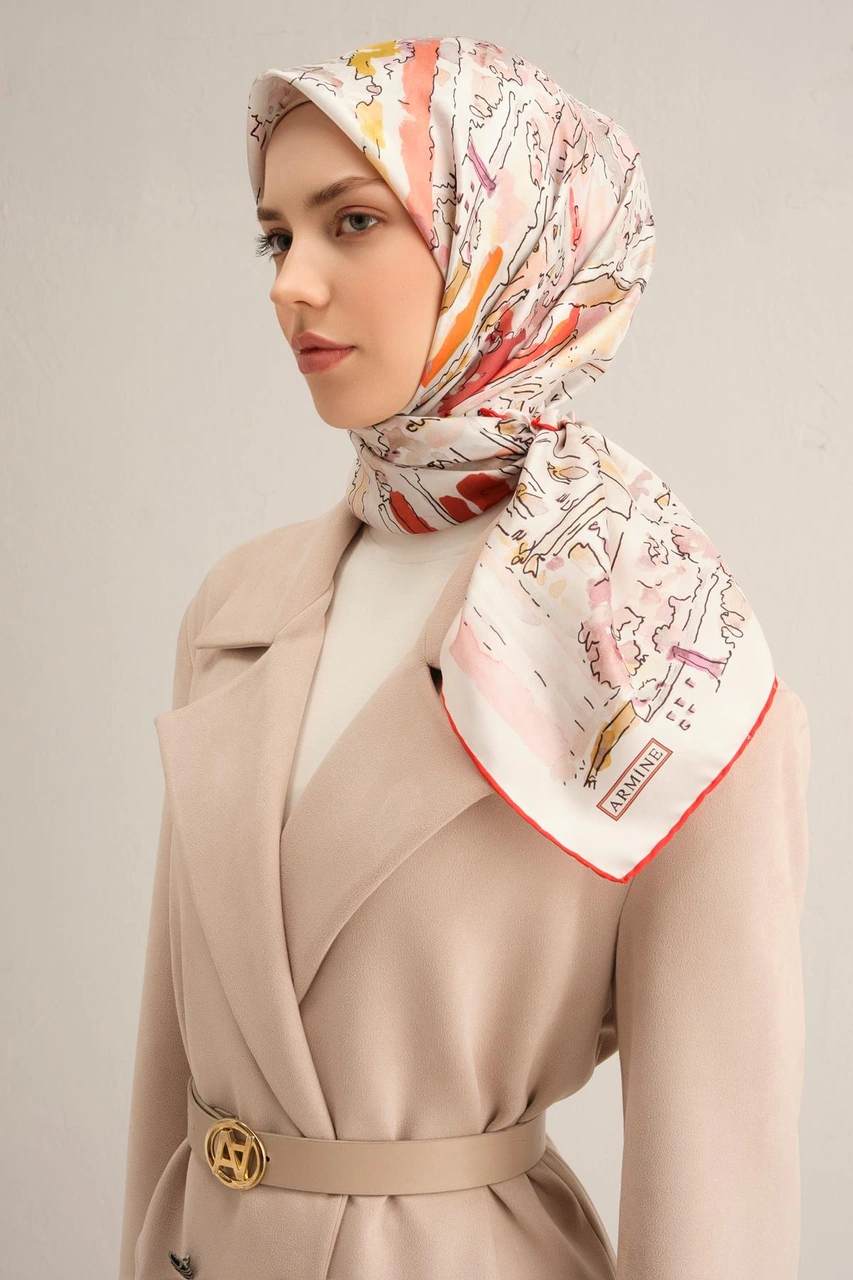 Armine Obje Desenli Saf İpek Twill Eşarp 9349d 32 Turuncu
