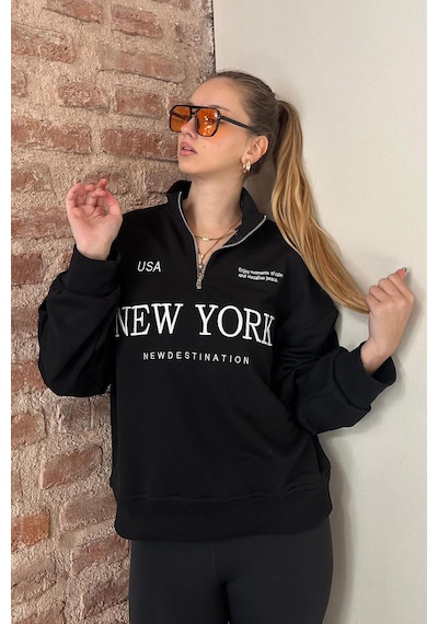 Madmext Siyah Yarım Fermuarlı Baskılı Sweatshirt Mg2240 Siyah