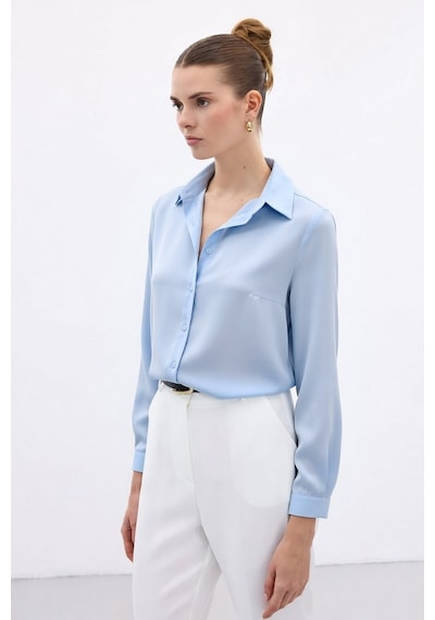 Sateen Düz Klasik Gömlek - Mavi-136998 Mavi