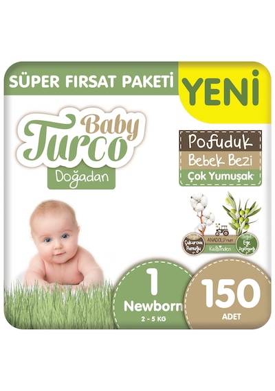 Baby Turco Doğadan Süper Fırsat Paketi Pofuduk Bebek Bezi 1 Numara Newborn 150 Adet