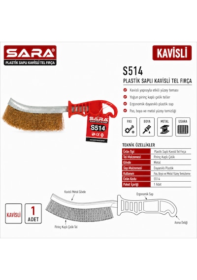 Sara S514 Plastik Saplı Kavisli Tel Fırça Pas, Boya Ve Metal Yüzey Temizleme Fırçası