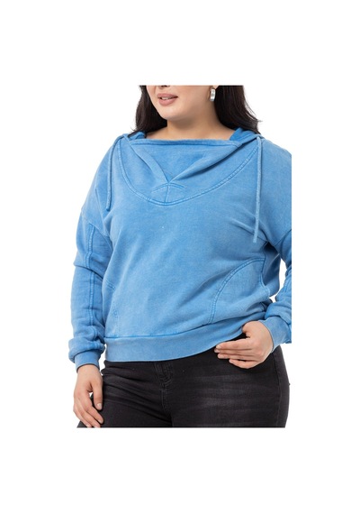 Büyük Beden Degaje Kapüşonlu Yaka Cepli Parça Boyalı Üç İplik Mavi Sweatshirt-mavi Mavi