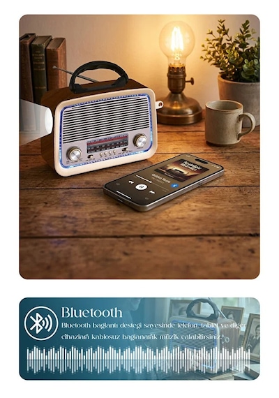 Bluetooth Nostaljik Speaker Fm/am/sw Radyo Şarj Edilebilir Aydınlatmalı Retro Hoparlör