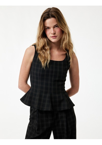 Koton Kare Yaka Kolsuz Ekose Peplum Bluz Siyah Ekose 7wak30001pw Siyah Ekoseli