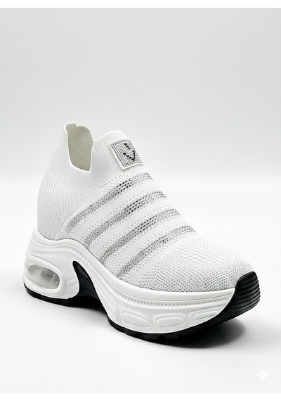 Voyager Taşlı Triko Kalın Dolgu Taban Kadın Sneaker Ayakkabı B278 Beyaz
