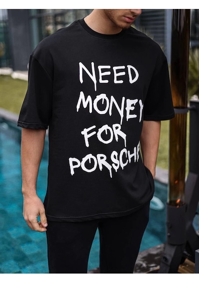 Barlashive Erkek Tişört Bisiklet Yaka Baskılı Kısa Kol Oversize T-shirt - Siyah Çok Renkli