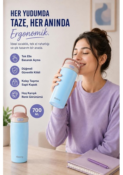 700 Ml Termos Matara Çift Cidarlı Vakum Yalıtımlı Sıcak Soğuk Tutan Sızdırmaz Kapaklı - Mavi Diğer