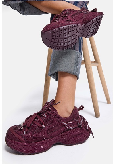 Kadın Bordo T11 İthal Işıltılı Taş Kaplama Özel Tasarım Sneaker Ayakkabı Kırmızı