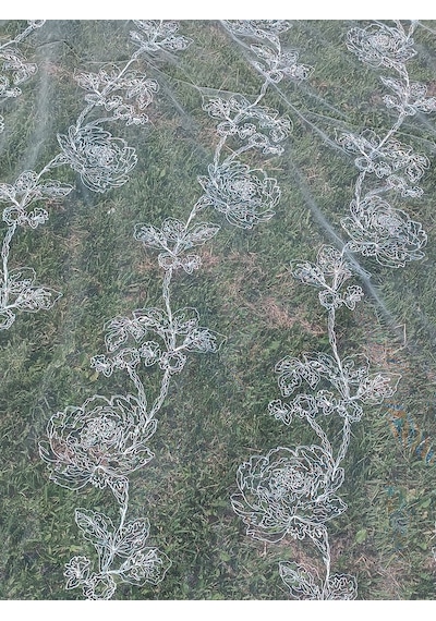 Gül Desenli İşlemeli Tül Perde Beyaz 2,85X12M