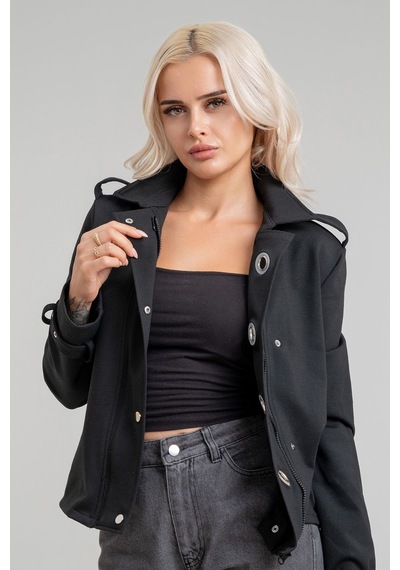 Bold & Young Kadın Viskon Polyester Likralı Kumaş Kol Ucu Toka Bantlı Kuş Gözü Aksesuarlı Çıt Çıtlı Cepli Ceket Siyah