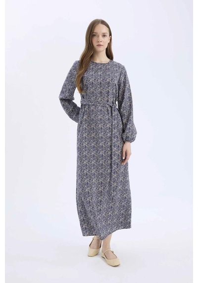 DeFacto Regular Fit Bisiklet Yaka Desenli Kuşaklı Uzun Kollu Maxi Elbise E5247AX25SPNV134