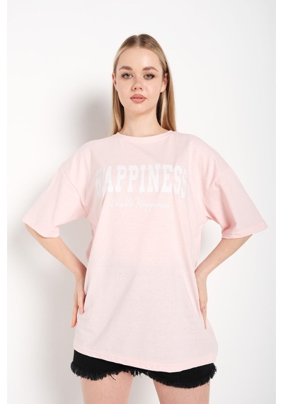 Flood Of Style Kadın Pudra Pembe Happıness Baskılı Oversize Tshirt