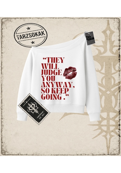 Tarzsokak Gotik & Grunge Streetwear They Wıll Judge Kayık Yaka Sweatshirt Beyaz