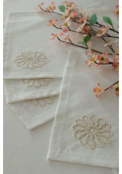 Yakacihome Çiçek Güpürlü 4 'lü Amerikan Servis& Runner Gardenya Keten Yıkanabilir Leke Tutmaz Premium Çeyiz Set Krem