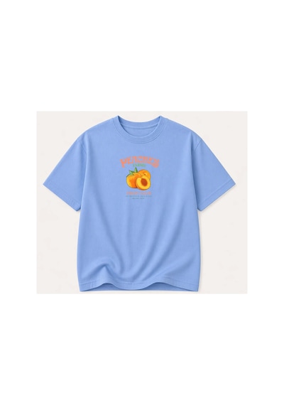 Herkesemoda Peaches Baskı Detaylı Kadın Bisiklet Yaka Pamuklu T-shirt Mavi