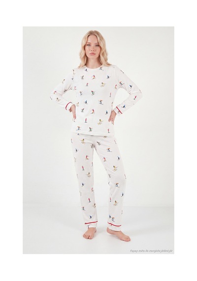 Lela Kış Temalı Bisiklet Yaka Uzun Kollu Pijama Takımı Kadın Pijama Takımı 6575019 Ekru
