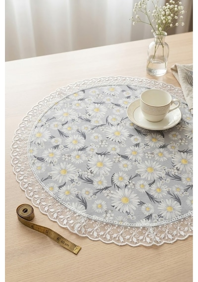 Yuvarlak Runner 60 Cm Masa Örtüsü Dekoratif Papatyalı Ranır Çok Amaçlı Şık Örtü Gri
