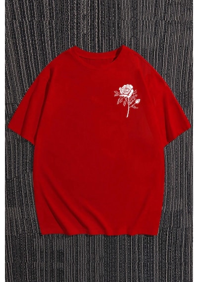 Nature Blossom Baskılı Unisex Oversize Tshirt Kırmızı