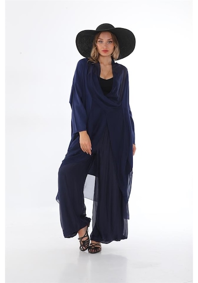 Bohem Stil Italyan Ipek Detaylı Oversize Kap Bluz- Wes Pantolon Takım-8789 Lacivert