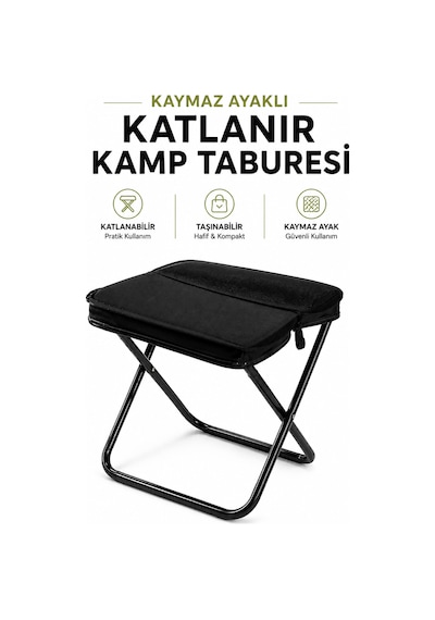Kamp Taburesi Çantalı Katlanır Taşınabilir Hafif Dayanıklı Kaymaz Ayaklı Outdoor Oturma Sandalyesi Siyah
