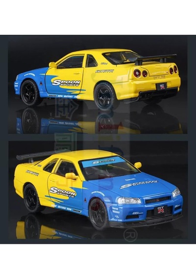 Nissan Skyline Gtr R34 Modifiyeli 1:24 Diecast Metal Model Araba Koleksiyon Sesli Işıklı Sarı Mavi
