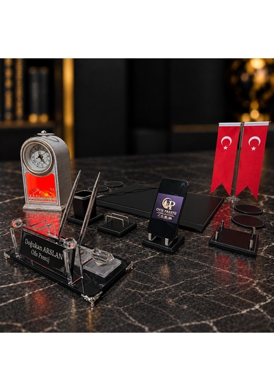 Ofis Prestij 13 Parça Şömine Saatli Kristal Kişiye Özel İsimlik Ve Sümen Seti Siyah