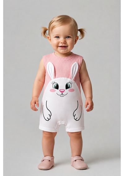 Babyden's Kız Bebek Tulum Yazlık %100 Pamuk Ribana Kolsuz Tavşan Baskılı Çıtçıtlı Bebek Tulumu 0-9 Ay Somon