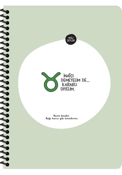 Hisli Şeyler Burçlar Serisi 16,5x22,5 Çizgili Spiralli Stickerli Defter - İnatçı Demeyelim De Kararlı Diyelim Yeşil