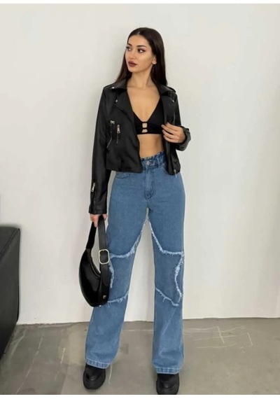 Kene Jeans Yüksek Bel Bacak Yıldızlı Bol Paça Jeans Mavi
