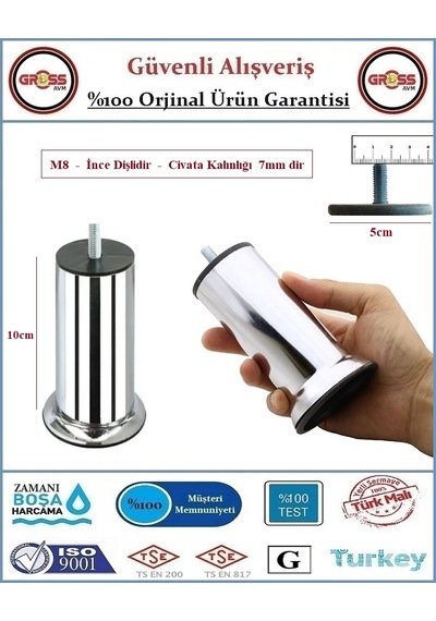 Koltuk, Yatak, Mobilya, Baza Ayağı 10cm - M8 İnce Diş - 2 Adet Krom