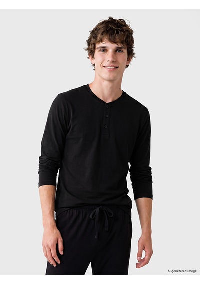 LC Waikiki Lc Waıkıkı Siyah Henley Yaka Uzun Kollu Erkek Pijama Üst