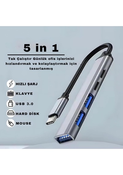 Polham 5in1 Type C To 3x Usb, 2x Pd Type C Çoğaltıcı Çevirici Hub, Klavye, Mouse,usb Okuyucu Adaptör
