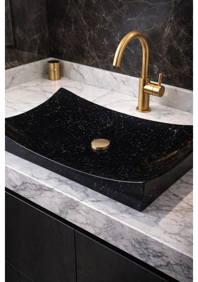 Mermer Desenli Tezgah Üstü Kayık Model Taş Lavabo 35 X 60 Cm Siyah